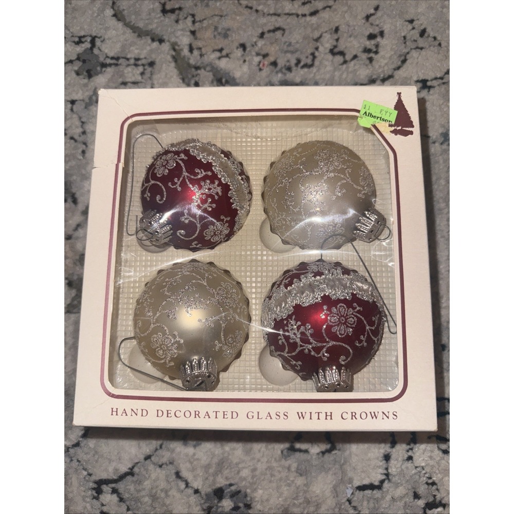 Vtg Christmas By Krebs Burgundy White Nostalgia Ball Glass‎ Ornaments Set of 4